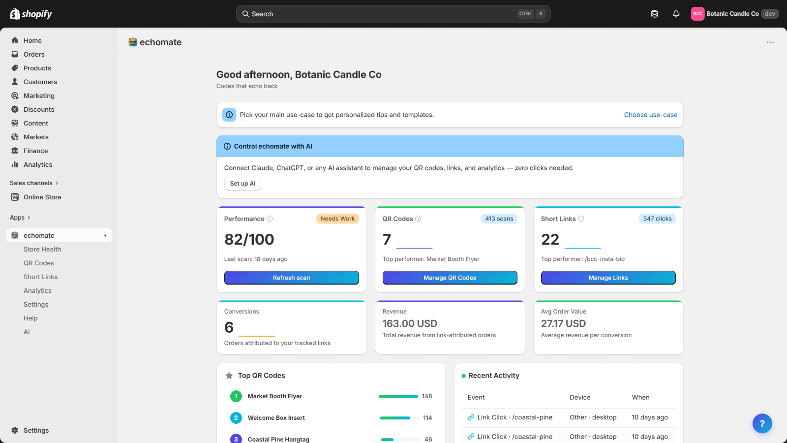 echomate Dashboard — Shopify QR codes, smart links and real-time analytics